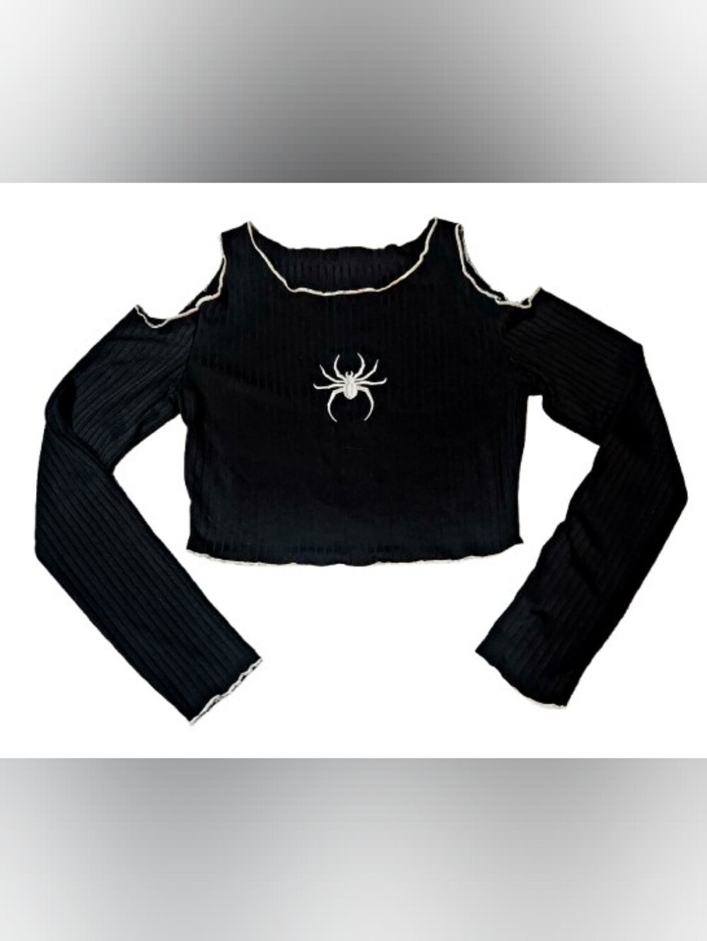 Shein Black Spider Cropped Shoulder Cut-Out Shirt Size S/XS